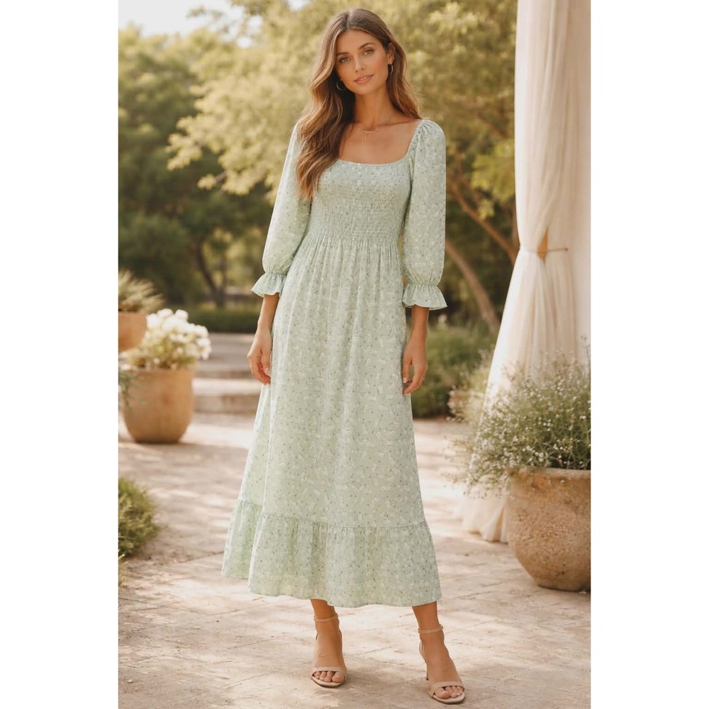 Miss Selfridge‎ Green Floral Smocked Midi Dress 6 Puff Sleeve Milkmaid Cottage